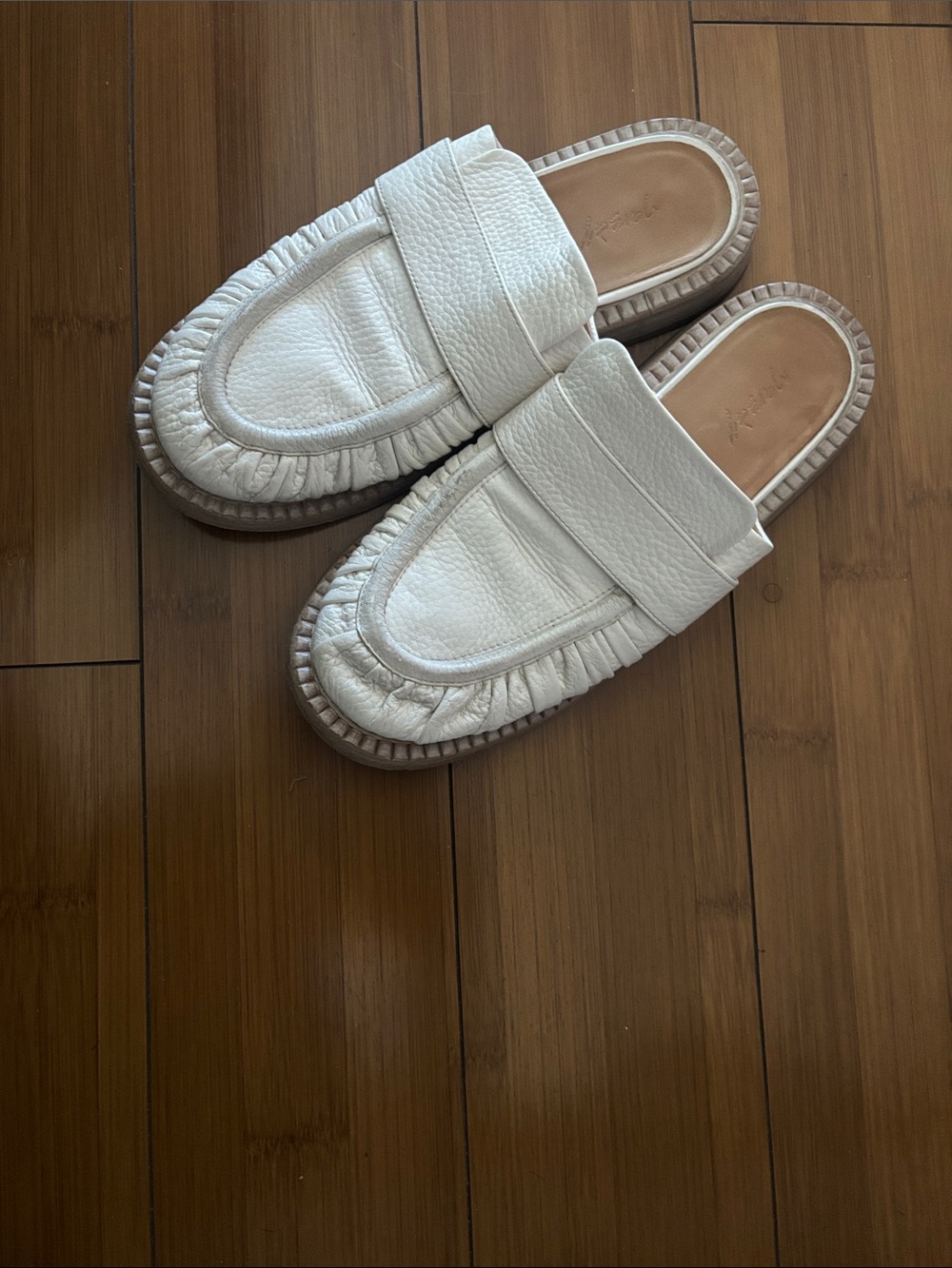 Tan Leather Platform Slide with Pleated Trim